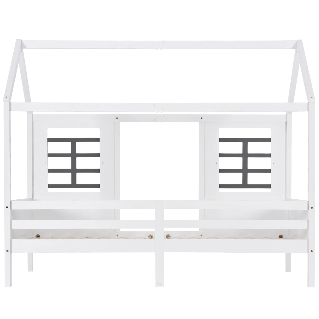 Letto a casetta per bambini con 2 finestre, struttura in pino e MDF, bianco, 200x90 cm