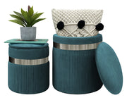 Set Di 2 Pouf Contenitori In Velluto Design Moderno Poggiapiedi,Sgabello Tondo con Coperchio Rimovibile e Seduta Imbottita Alta DensitÃ  Con Fascia In Metallo Contenitore Capiente Storage Box Petrolio