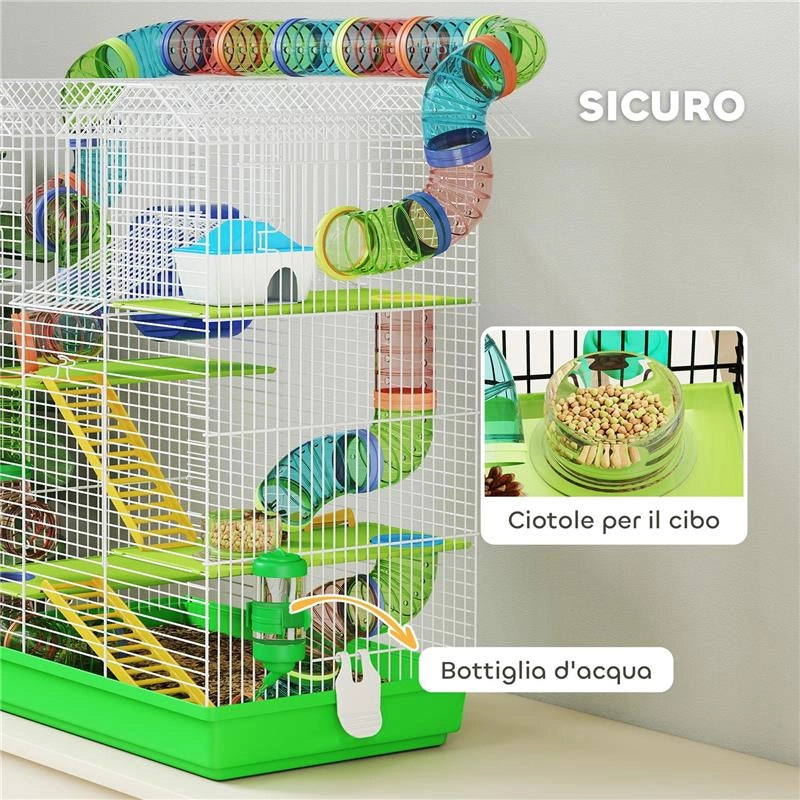 GABBIA PER CRICETI A 5 PIANI CON TUBI COLORATI, RUOTA, CASETTA E ACCESSORI, 47X30X59 CM, VERDE