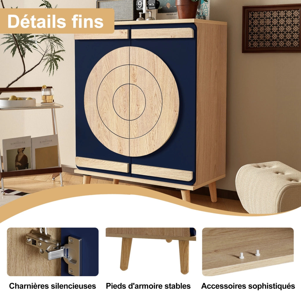 Mobile scarpiera moderno con porte geometriche; 76x37x98;5 cm; in pannelli truciolari blu e naturale