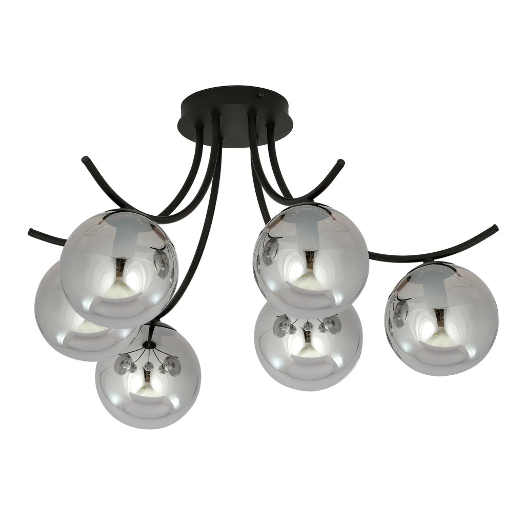 Plafoniera Moderna 6 Luci Coeo In Acciaio Nero E Diffusori In Vetro Fumè
