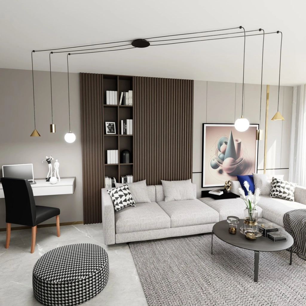 Lampada a sospensione FUJI con finitura oro e dettagli neri