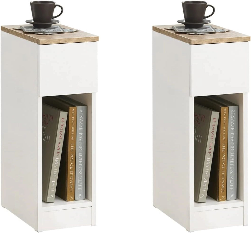 set da 2 Comodino camera da letto stretto 20 cm con cassetto comodino salvaspazio & tavolino da letto per piccoli spazi camera da letto soggiorno bianco 20x35x60 cm FBT111-WNx2