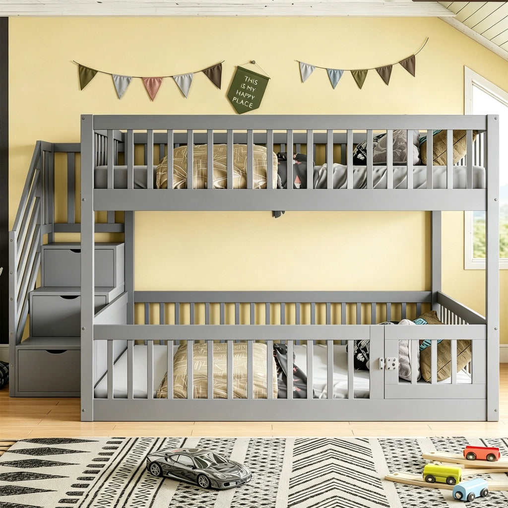 Letto a castello 140 × 200 cm con scala con cassetti e sportello inferiore, senza materasso, in legno massiccio, grigio