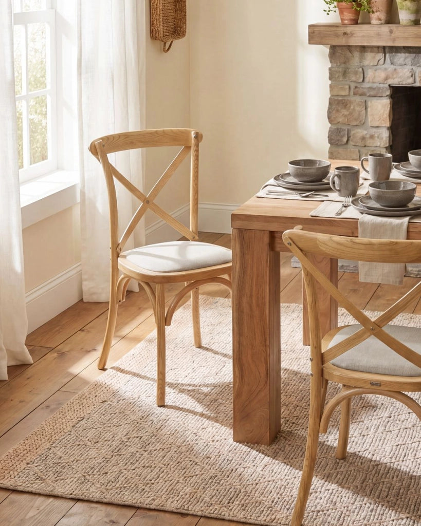 Set di 2 sedie da pranzo con struttura in legno marrone chiaro e beige, seduta imbottita, schienale a croce, stile rustico