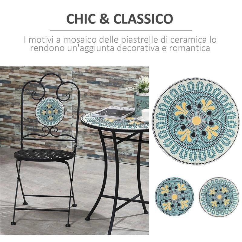 SET DA GIARDINO CON 2 SEDIE PIEGHEVOLI E TAVOLINO A MOSAICO VERDE E GIALLO