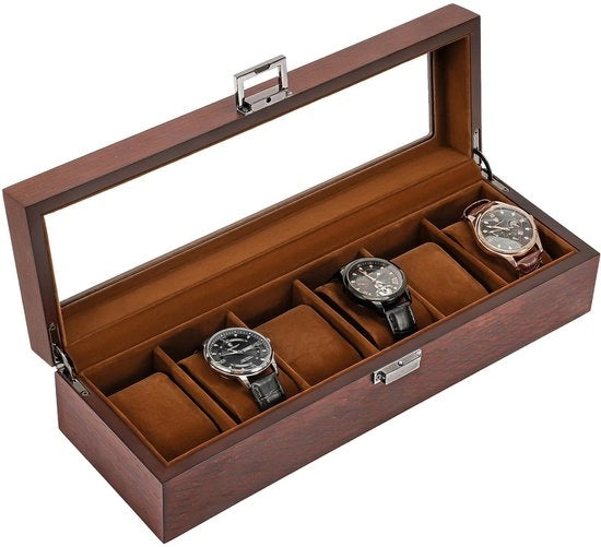 Cassa orologio in legno con 6 compartimenti, cassa orologio con coperchio in vetro, organizzatore orologio con cuscino orologio, cassa orologio per uomini, cassa orologio con coperchio in vetro - Espresso