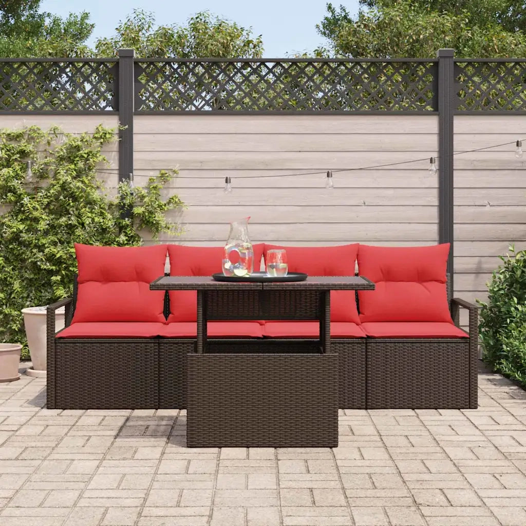 Set Divano da Giardino 5 pcs Marrone e Rosso polyrattan