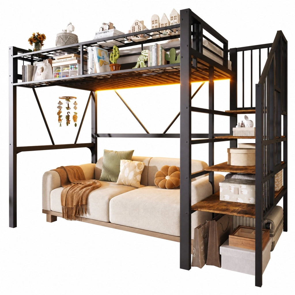 Letto a soppalco singolo 90×200 cm con ripiani a gradini; LED e vano aperto; senza materasso; metallo; nero