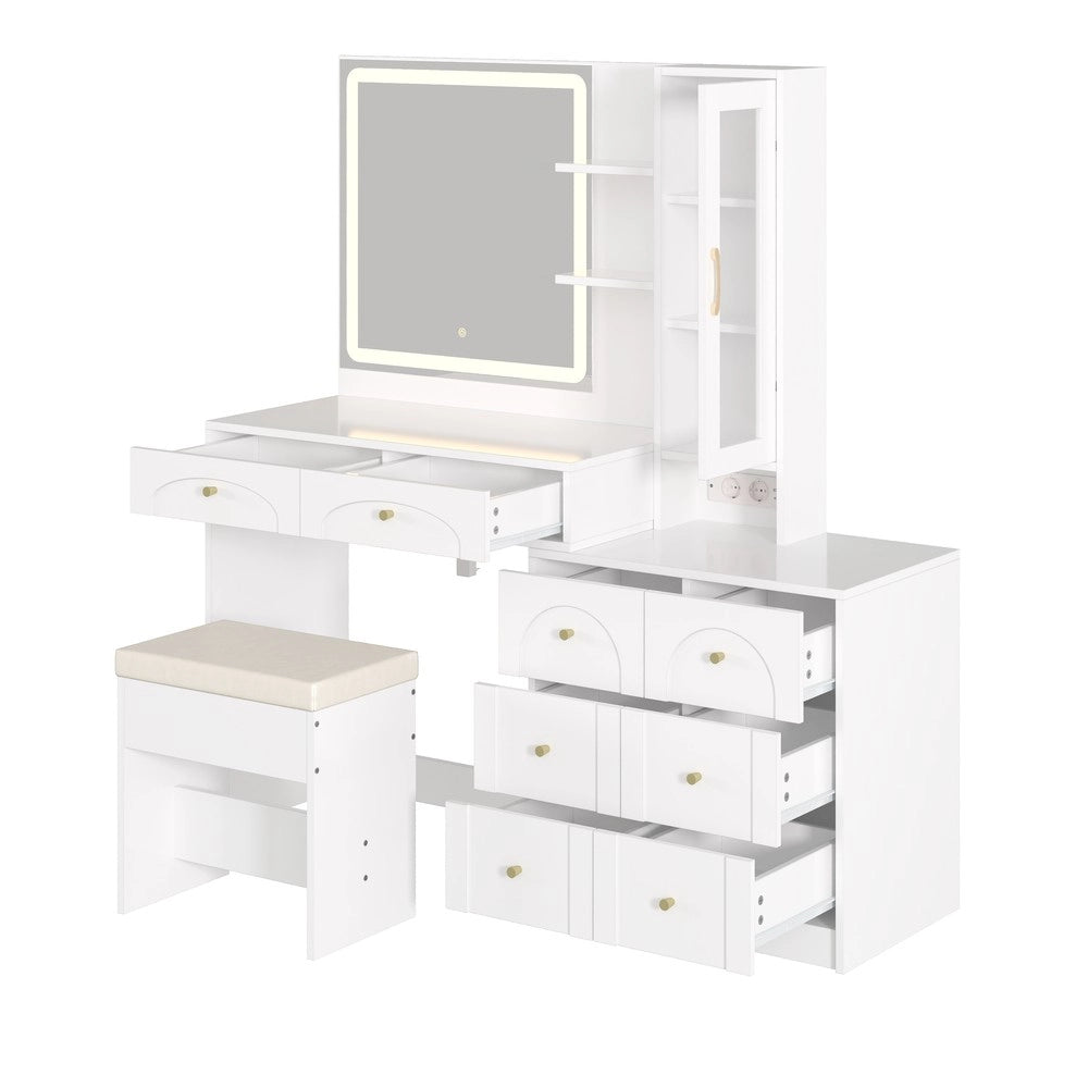 Tavolo da Trucco con Specchio LED, 8 Cassetti e Sgabello ¨C Xylo ¨C Bianco, Vetro, 131.5x40x140 cm