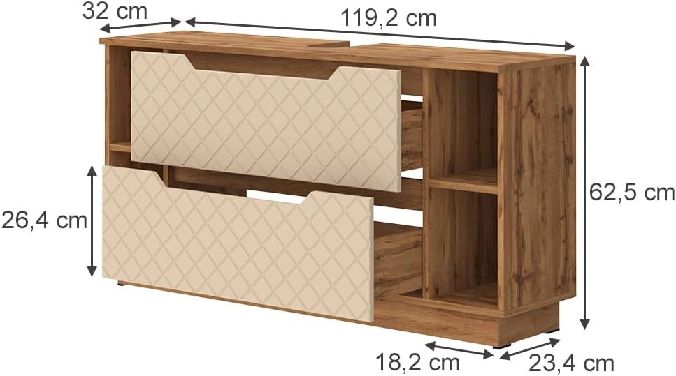 Mobile sottolavabo per bagno Lotta, Rovere/cashmere con struttura in piastrelle, 119.2 x 62.5 cm con 2 cassetti