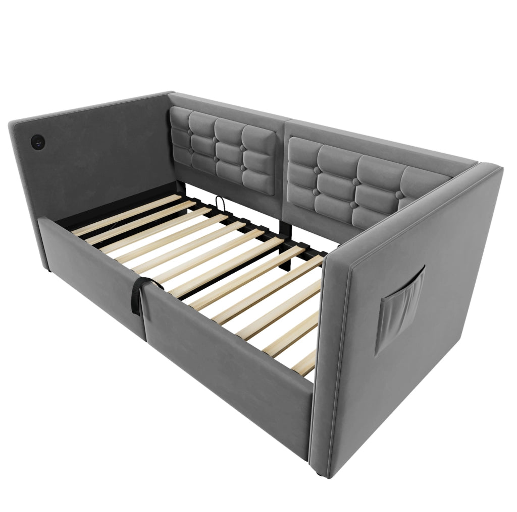 Divano letto singolo 90x190 cm in velluto grigio con contenitore idraulico e USB Type-C