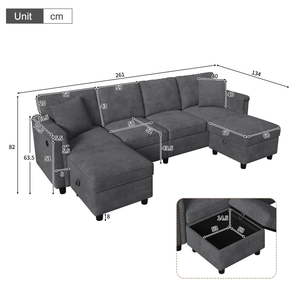 Divano modulare grigio in ciniglia 261x134x82 cm con 2 pouf contenitore; USB e Type-C