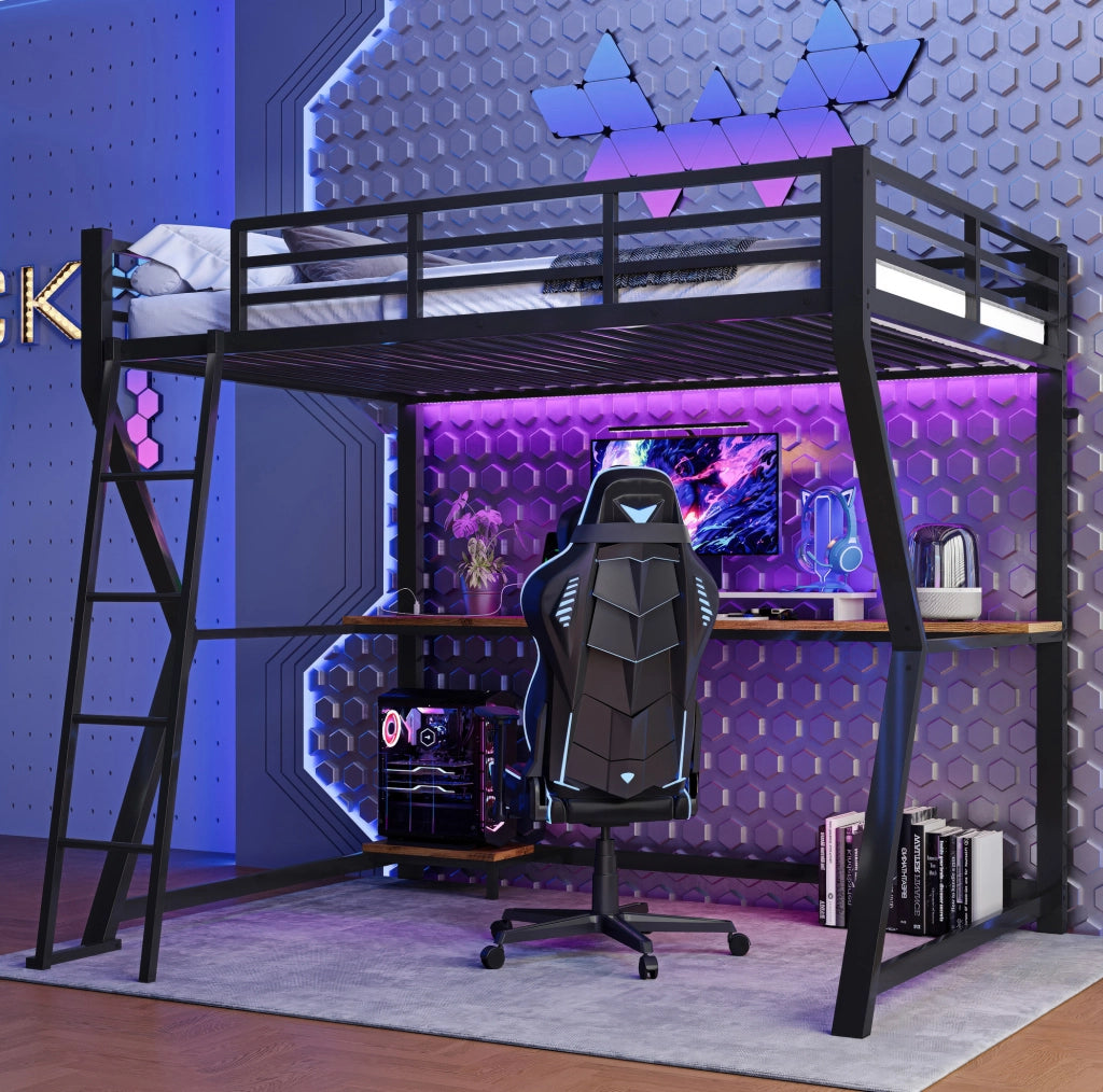 Letto a soppalco 90x200 cm con scrivania, LED e USB nero