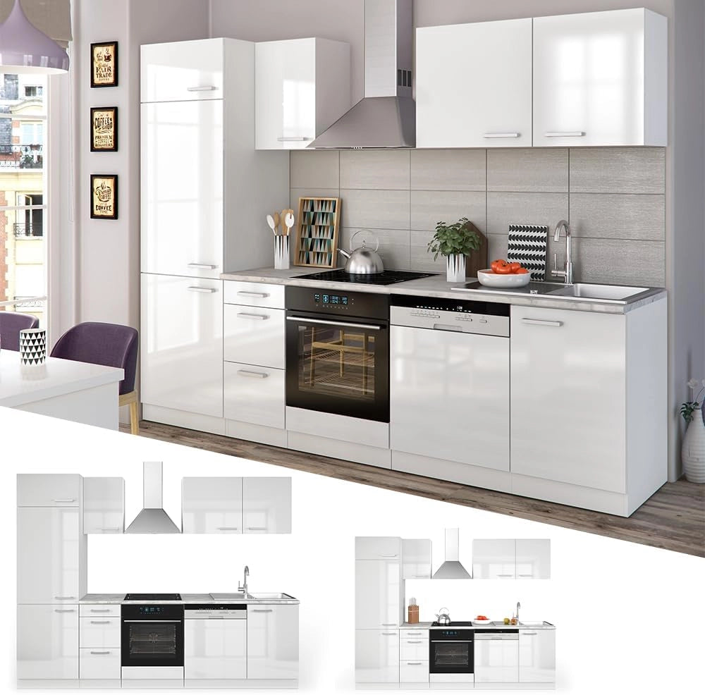 Cucina componibile Optima, Bianco lucido/bianco, 270 cm senza piano di lavoro con striscia LED, adatto per disposizione e ampliamento personalizzati
