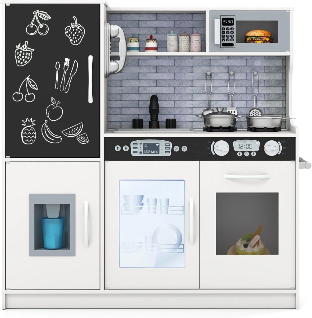 Cucina Giocattolo per Bambini, Cucina Legno per Bambini con Lavagna, Telefono, Microonde e Macchina per Ghiaccio, con Accessori e Suoni Realistici, per 3-6 Anni (Bianco)