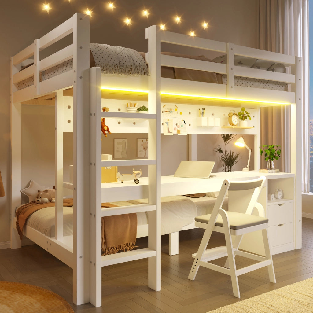 LETTO a castello con scrivania e cassetti 140x200/90x200 cm Legno di pino Bianco