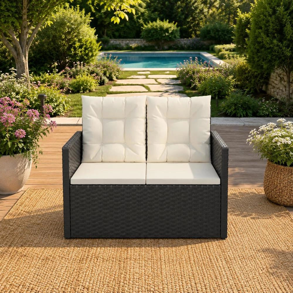 Garden Bench With Cushion, Black, 105 Cm, Poly Rattan