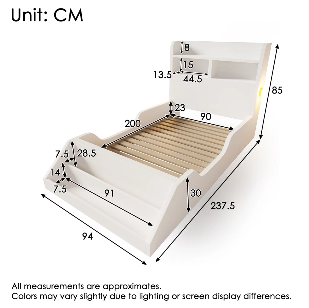 Letto singolo 90x200 cm in legno bianco con mensola; luci notturne e libreria rimovibile