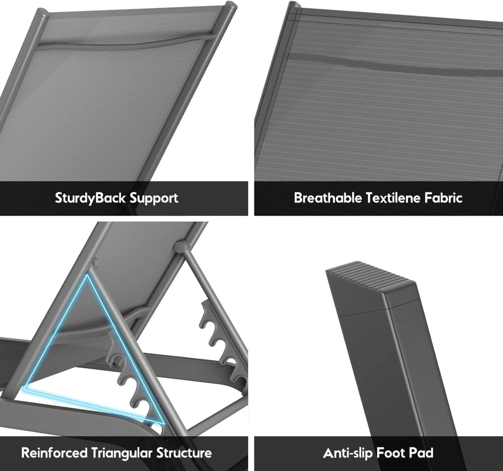 Set di 1 lettino da giardino con ruote, resistente alle intemperie, schienale regolabile in 5 posizioni, per esterni, portata fino a 120 kg, per giardino, piscina, balcone, terrazza, grigio