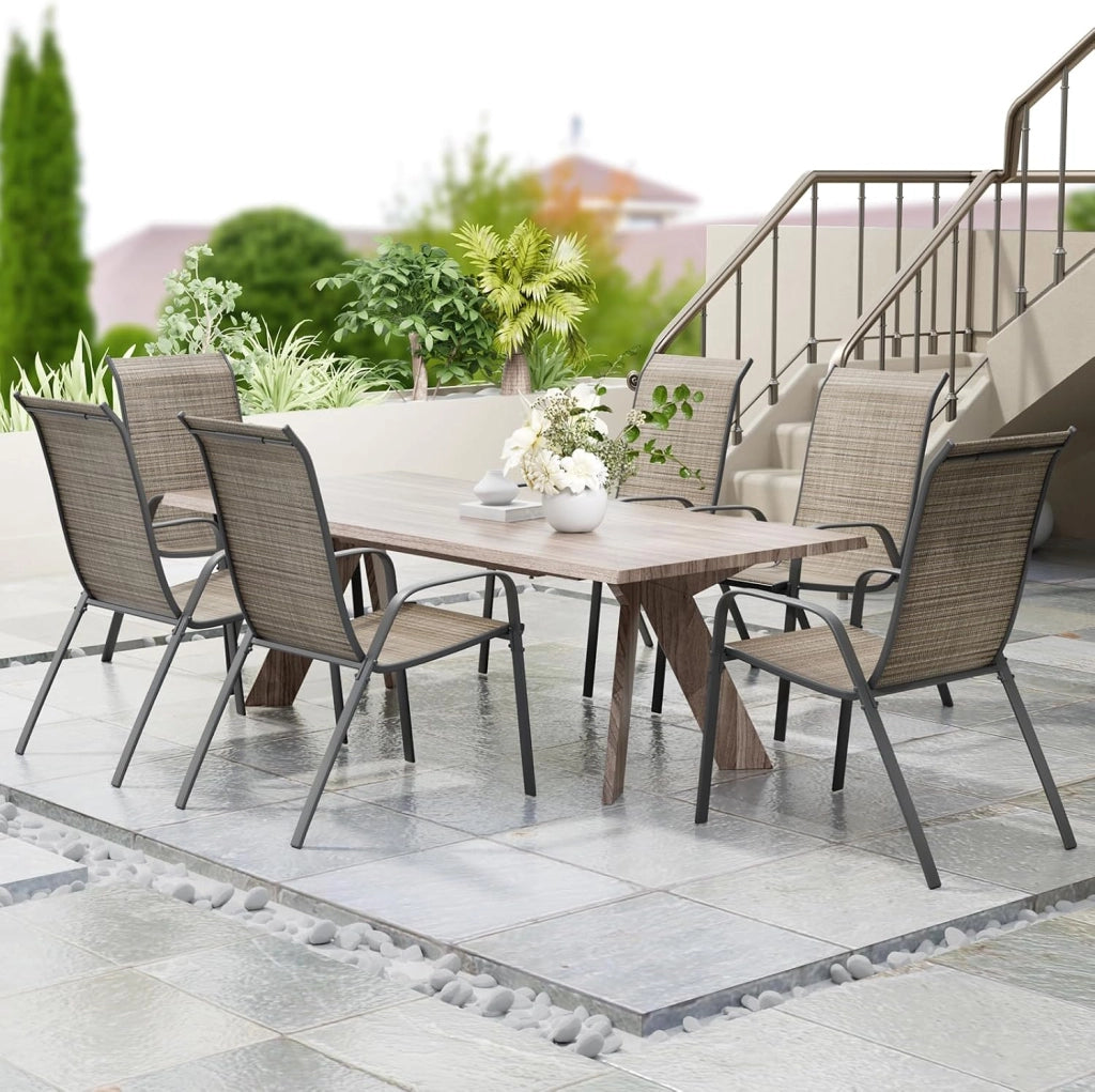 Sedia da giardino impilabile, da campeggio, impilabile, con schienale alto, in acciaio textilene, per giardini, cortili balconi ristoranti 150 kg portata: 54 x 69 x 93 cm 6pcs Lino marrone