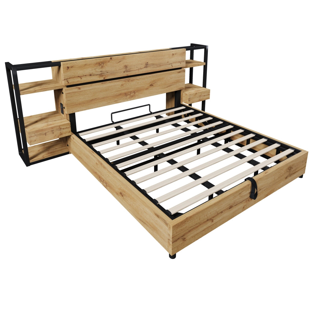 Letto matrimoniale contenitore in stile industriale con ricarica USB e Type-C
