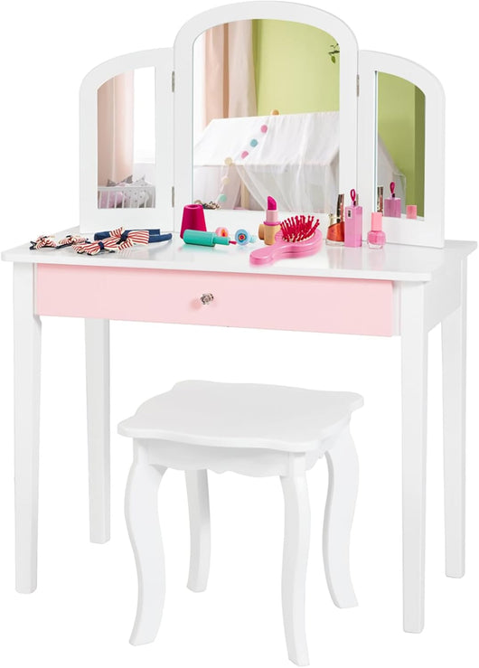 Toeletta Trucco per Bambina, Specchiera Trittica per Ragazza in Legno Robusto con Sgabello e Cassetto, Postazione Trucco 2 in 1 per Cameretta e Cmera da Letto, 95x70x34cm(Bianco)