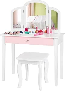 Toeletta Trucco per Bambina, Specchiera Trittica per Ragazza in Legno Robusto con Sgabello e Cassetto, Postazione Trucco 2 in 1 per Cameretta e Cmera da Letto, 95x70x34cm(Bianco)