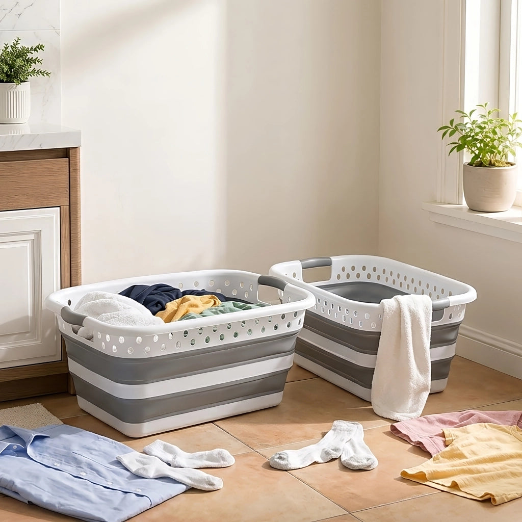 Set 2 Ceste Portabiancheria Pieghevoli 24L e 39L, Cesti Salvaspazio in Plastica e Silicone con Maniglie, Ceste Bucato Richiudibili Grigio Bianco per Bagno Lavanderia Casa