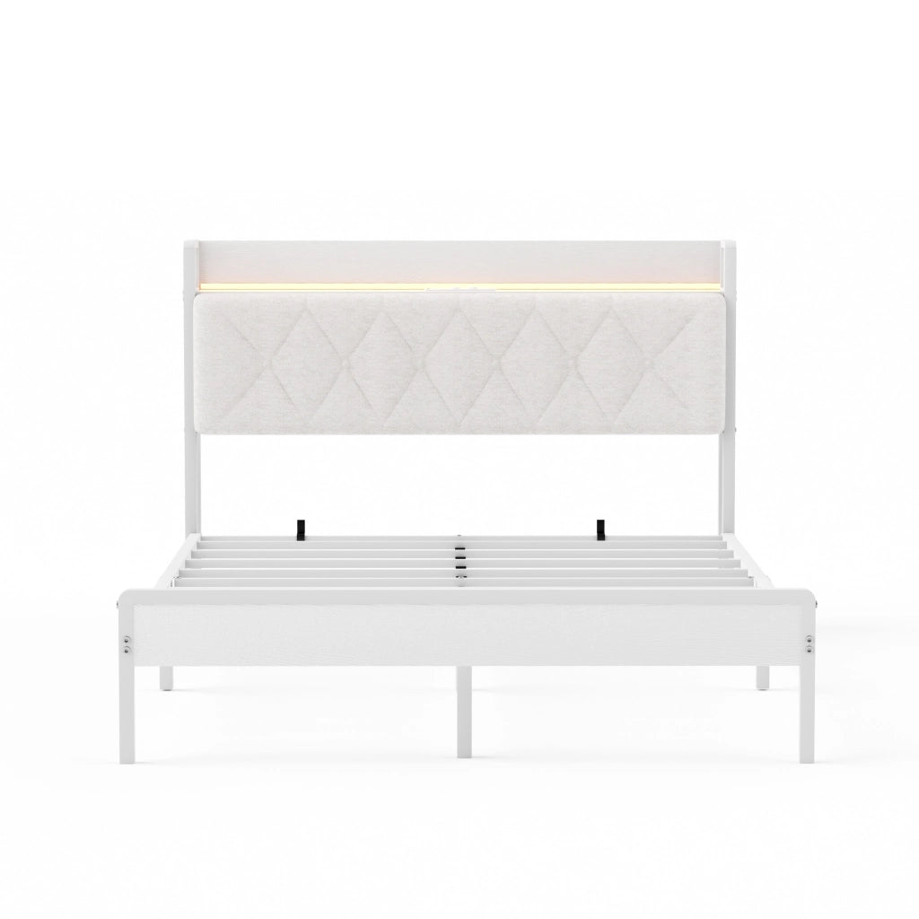 Letto imbottito 140x190 cm bianco con testiera LED, USB, contenitore e struttura in metallo