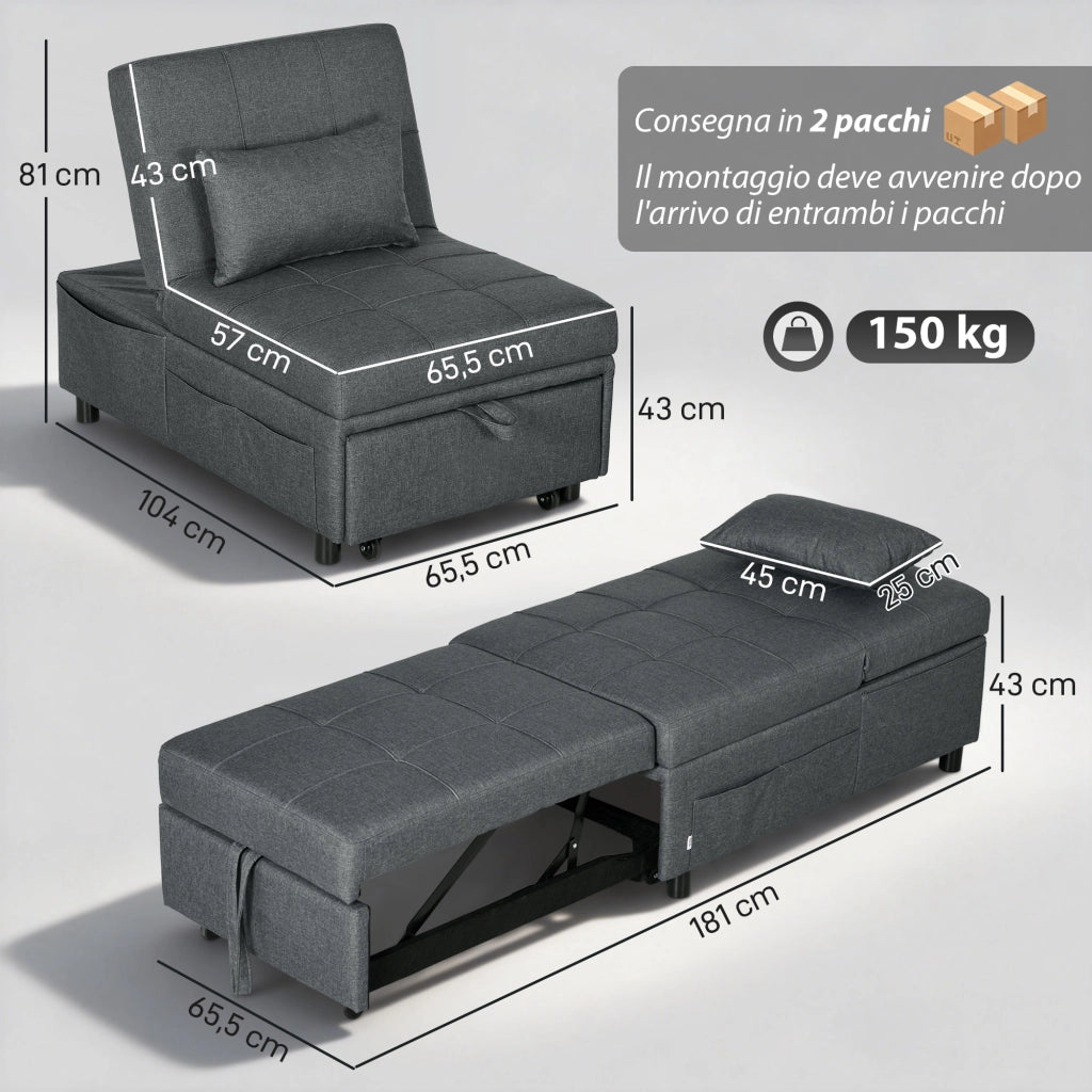 Poltrona Letto Singolo Poltroncina Reclinabile 4-in-1, Grigio