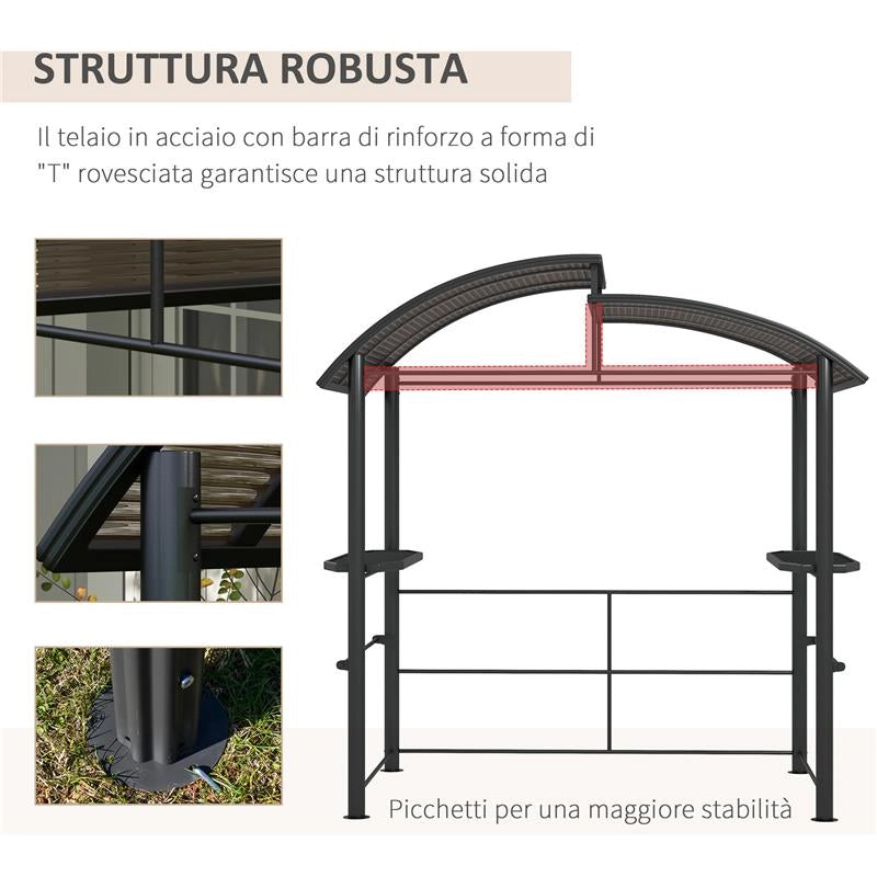 GAZEBO PER BARBECUE CON TETTO E 2 RIPIANI PORTAOGGETTI, IN METALLO E PC, 240X150X230CM, GRIGIO SCURO