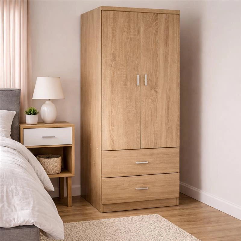 ARMADIO GUARDAROBA IN LEGNO CON 2 ANTE E CASSETTI ROVERE NATURALE 80 X 52 X 190 CM