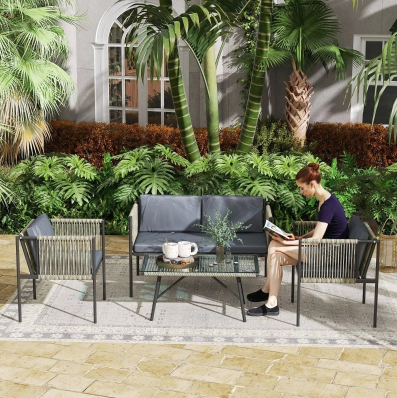 Set mobili da balcone 4 pezzi con divano a 2 posti; tavolino con vetro temperato; grigio
