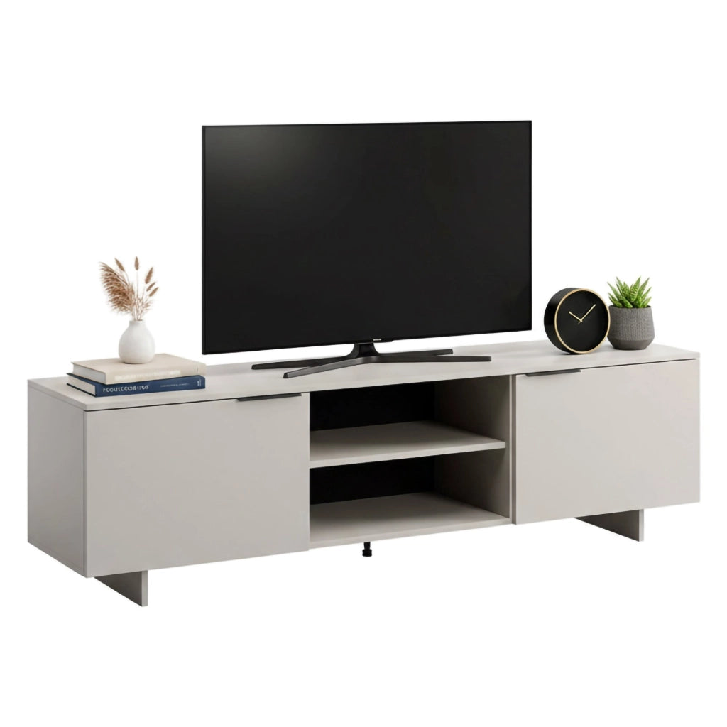 Mobile porta TV Buono, Madia da salotto con due ante battenti e due vani aperti, Rialzato da terra, 180x42 h55 cm, Beige