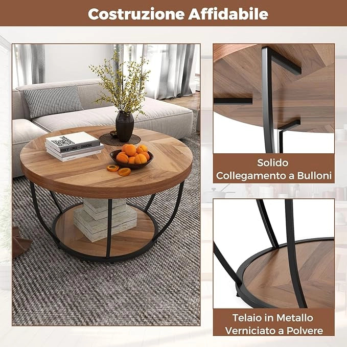 Tavolino da Caffè Rotondo a 2 Ripiani, Tavolo da Salotto in Legno con Struttura in Metallo, Tavolino Soggiorno Industriale con Piedini Regolabili, 80 x 80 x 45 cm (Moderno)