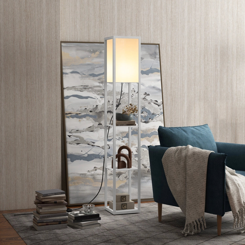 Lampada da Terra con 3 Mensole Integrate, Attacco E27 Potenza 40W, Arredamento Moderno in MDF, 26x26x160cm, Bianco