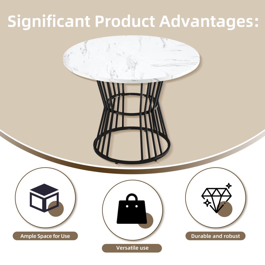 Tavolo da pranzo con piano in MDF effetto marmo, base in metallo, per cucina e soggiorno, nero, diametro 100 cm