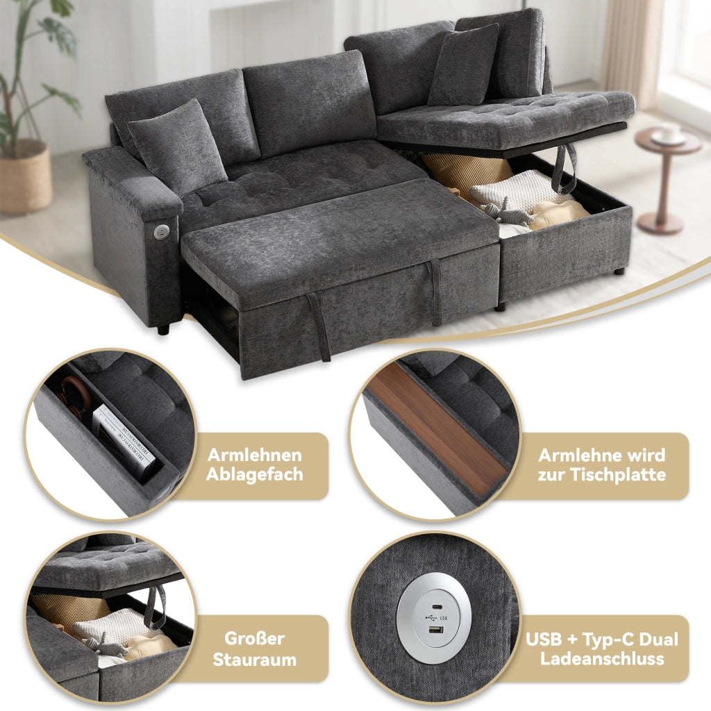 Divano angolare convertibile in chenille con funzione letto, contenitore, USB e portabicchieri per soggiorno grigio scuro