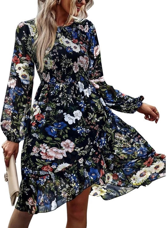 Abito da Giorno con Fiori - Lunghe Maniche - Stile Casual - Cintura Media - Con Bottone di Chiusura - Con Cinturino di Regolazione - Adatto per Primavera/Autunno - Abito da Estate