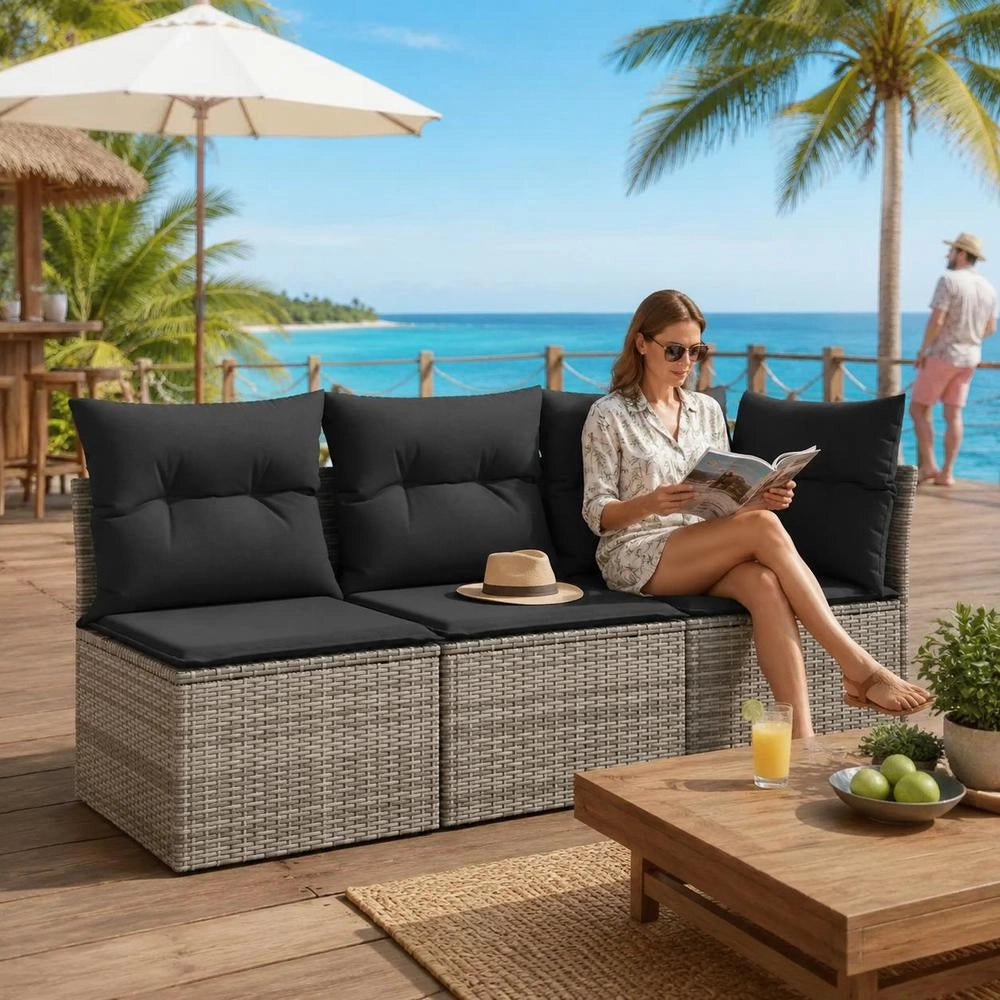 Garden Sofa With Cushions 3-seater Grey Poly Rattan