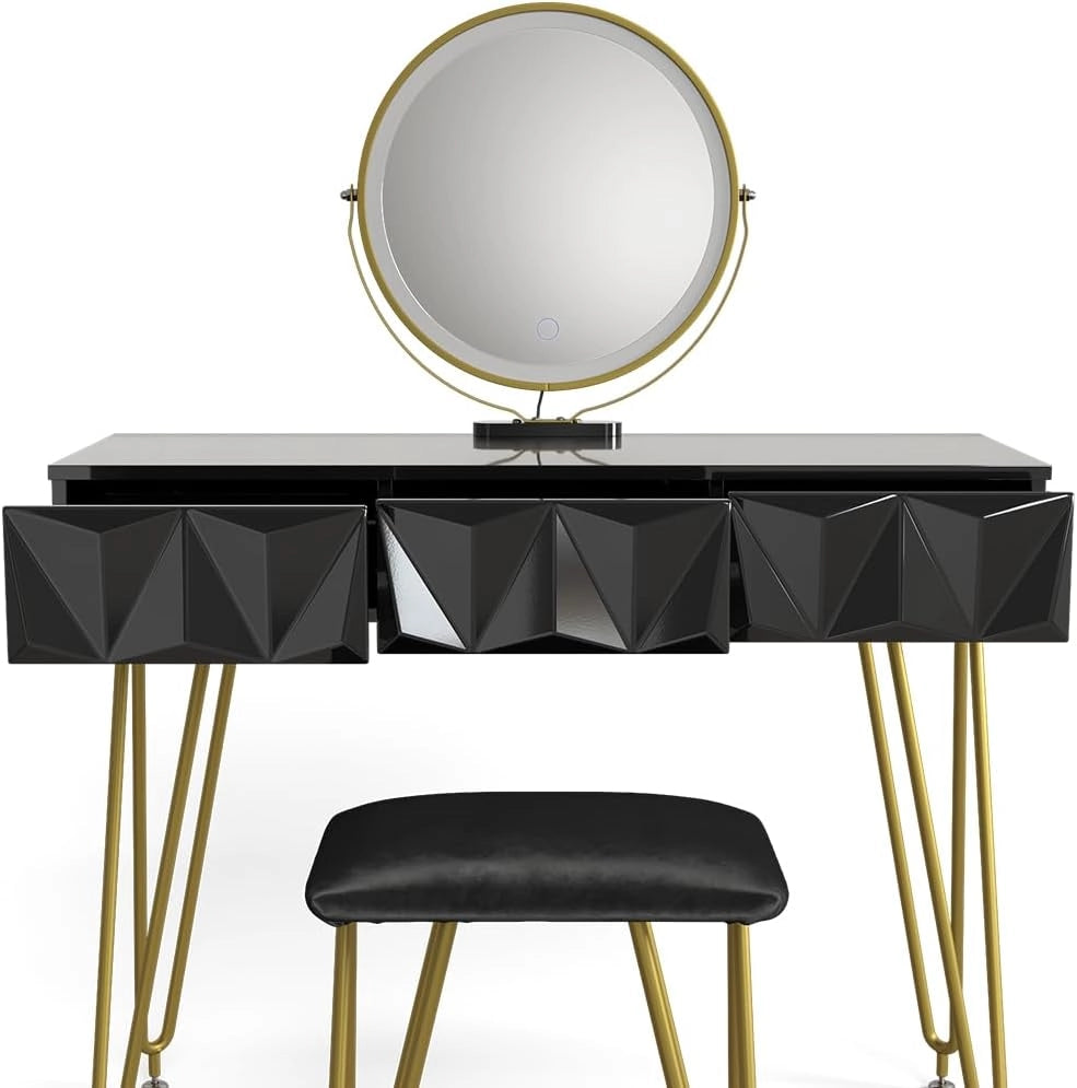 Vicco Tavolo da toeletta Ruby, Nero, 100 cm con specchio e sgabello a LED, Spazio per trucco, prodotti per capelli e cura sempre a portata di mano