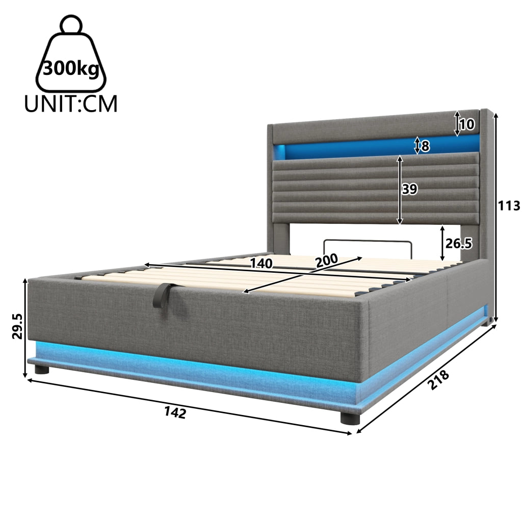 DESMIU Lit con contenitore 140 × 200 cm 2 posti con USB, Type-C, LED regolabile e senza materasso, in lino, grigio