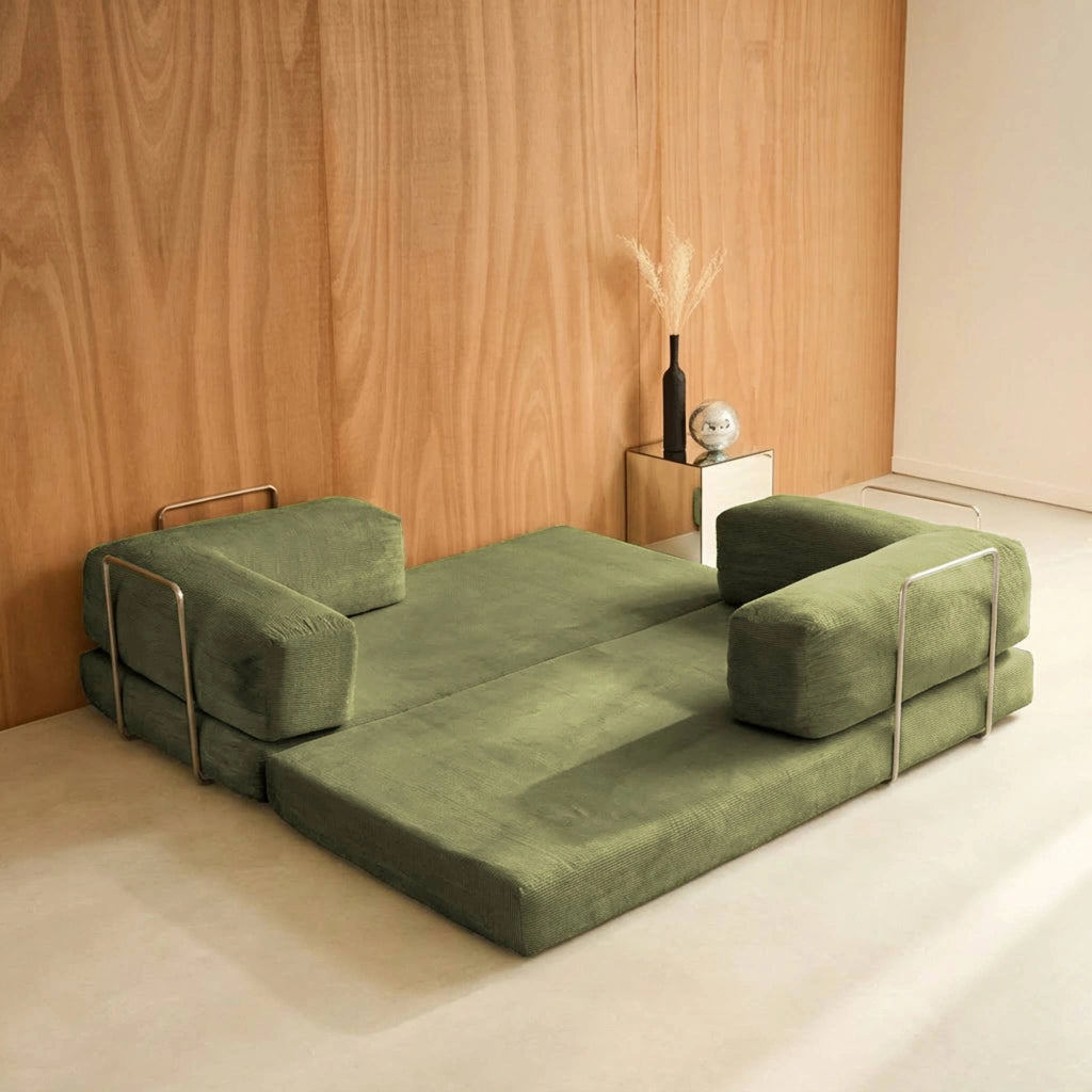 Divano letto futon in velluto a coste e struttura cromata, verde kaki