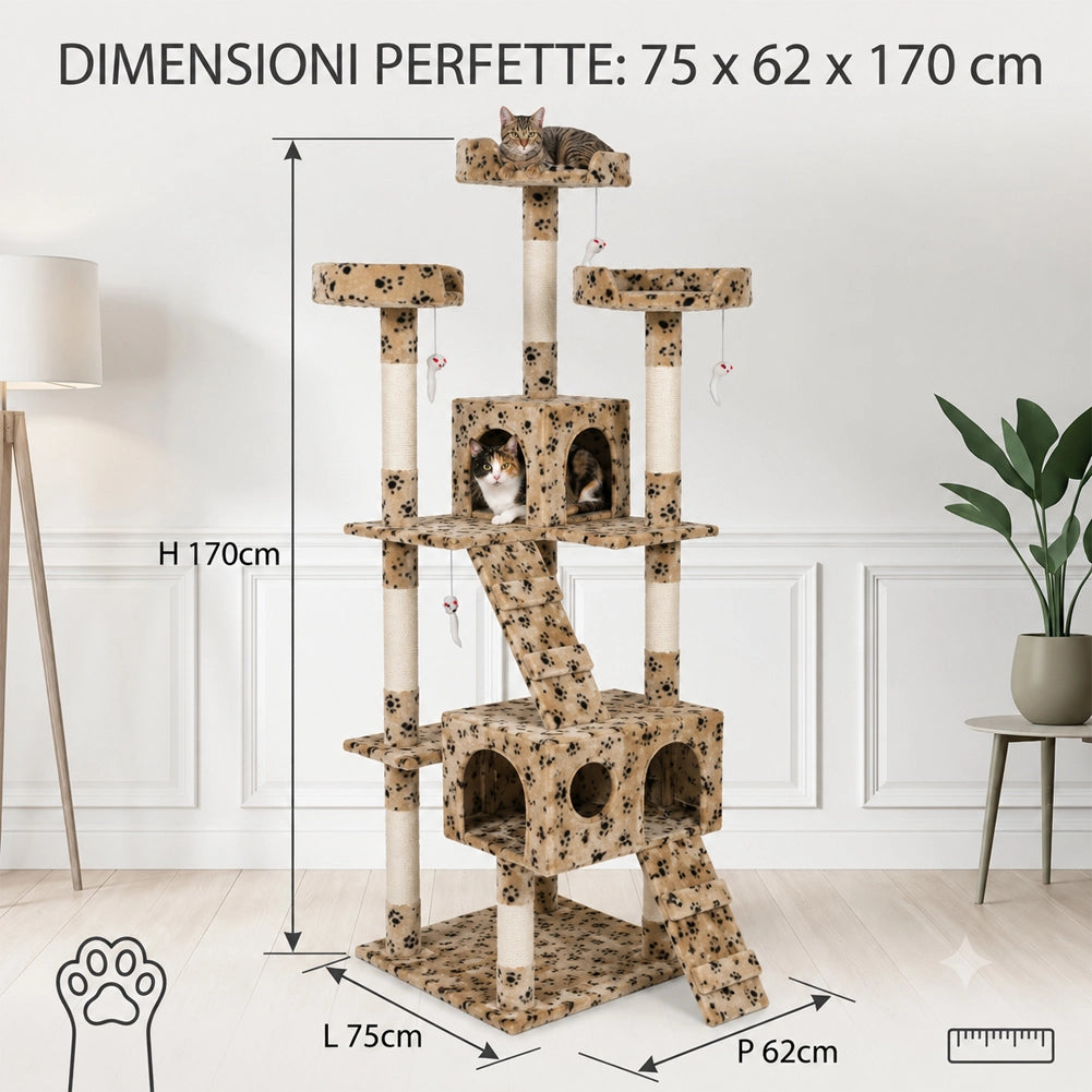 Tiragraffi per Gatti Albero Sisal Parco Giochi Gatto Tira Graffi 170cm Beige