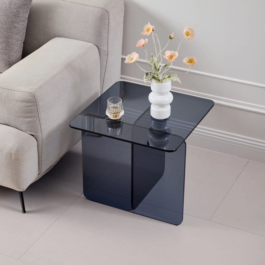 Tavolino basso in vetro temperato con piano curvo, per soggiorno e ufficio, colore grigio, 45 × 45 × 51 cm