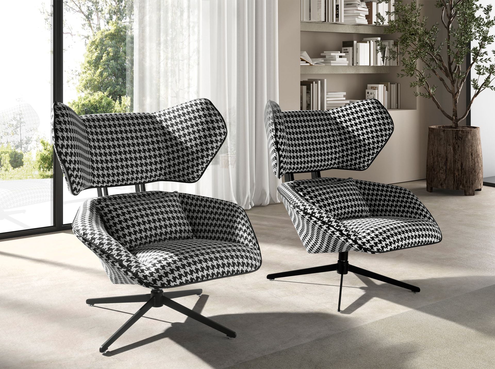 Poltrona girevole in tessuto bianco e nero