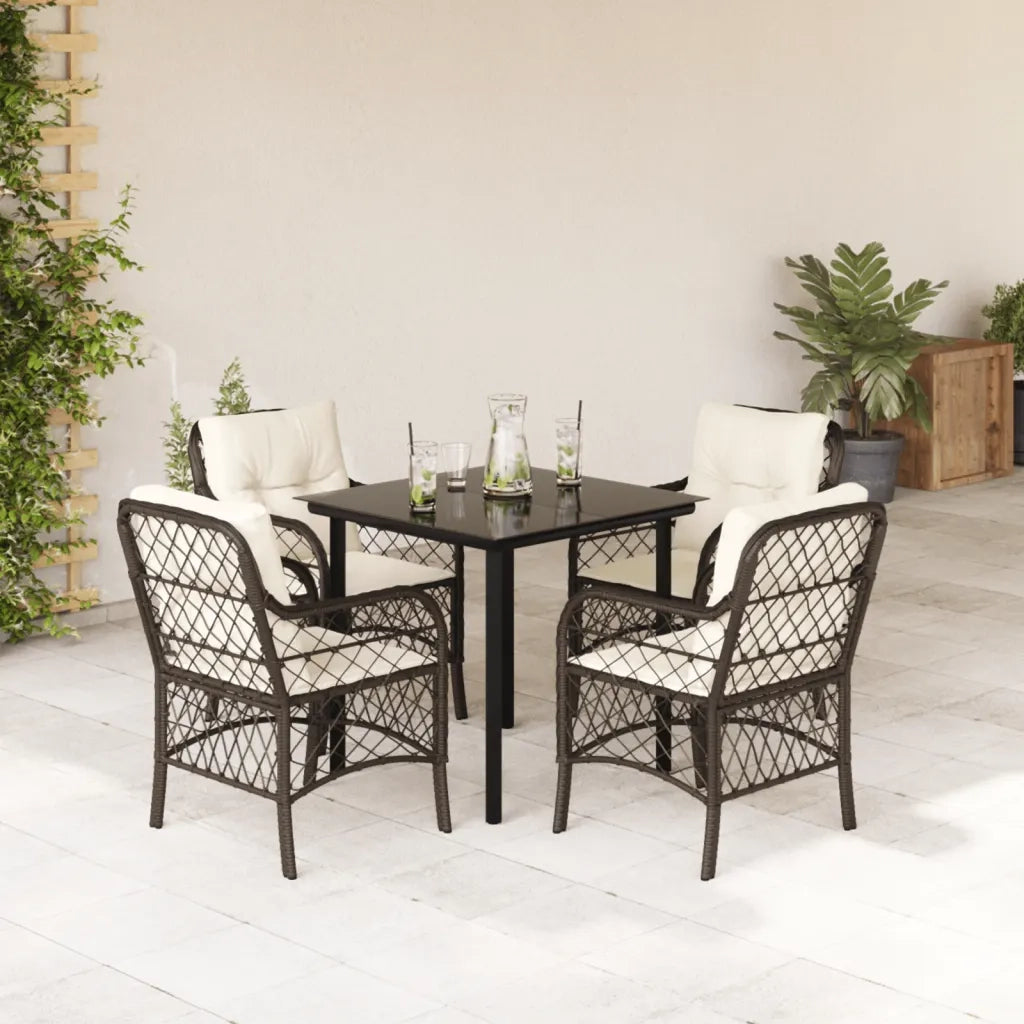 Set da Pranzo da Giardino 5pz con Cuscini in Polyrattan Marrone