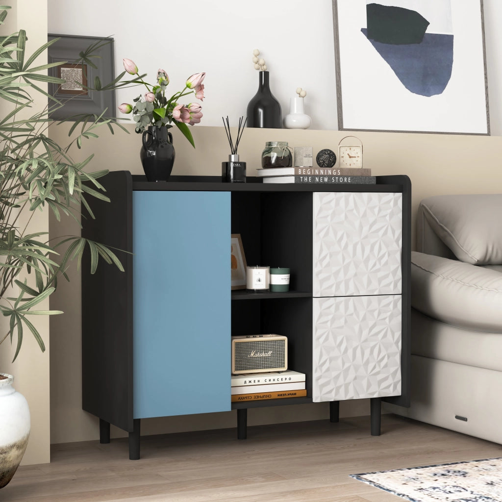 Credenza con 2 Cassetti; 2 Vani Aperti e 2 Ante; Stile Moderno; in MDF; Nero e Blu; 90??40??80 cm
