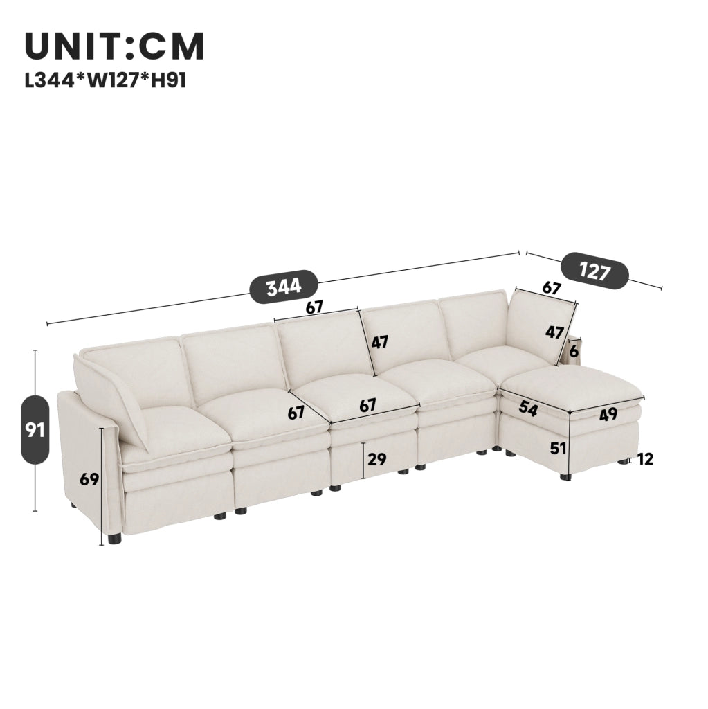 Divano modulare XXL con funzione letto; configurabile a U o L; chenille beige 344 cm